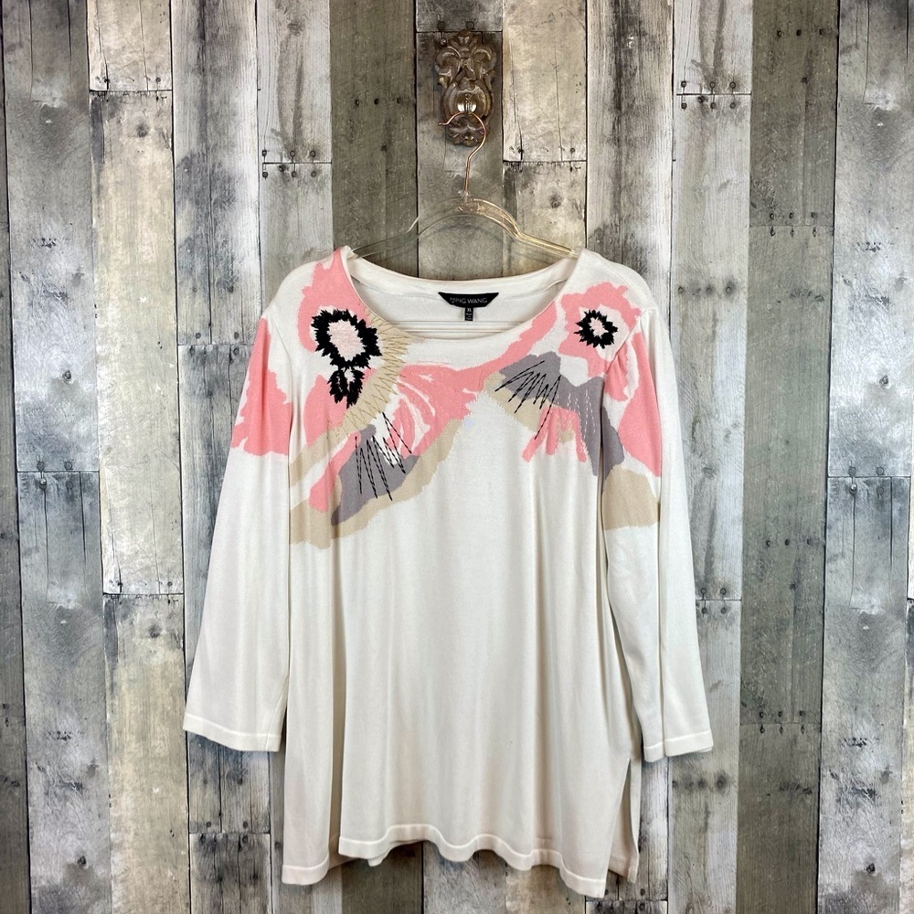 Ming Wang Abstract Floral Knit Sweater in White Pink Multi Size Extra Large.